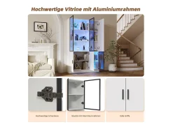 Vitrina moderna - 120 x 35 x 200 cm - con 3 puertas de cristal + LED - MDF + cristal - blanco