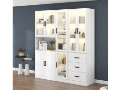 Vitrina moderna combinada con iluminación LED, 8 puertas, 3 cajones, aglomerado, blanco, 180x40x200 cm