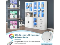 Vitrina moderna combinada con iluminación LED, 8 puertas, 3 cajones, aglomerado, blanco, 180x40x200 cm