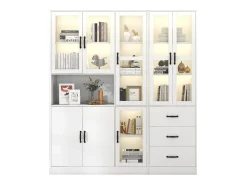 Vitrina moderna combinada con iluminación LED, 8 puertas, 3 cajones, aglomerado, blanco, 180x40x200 cm