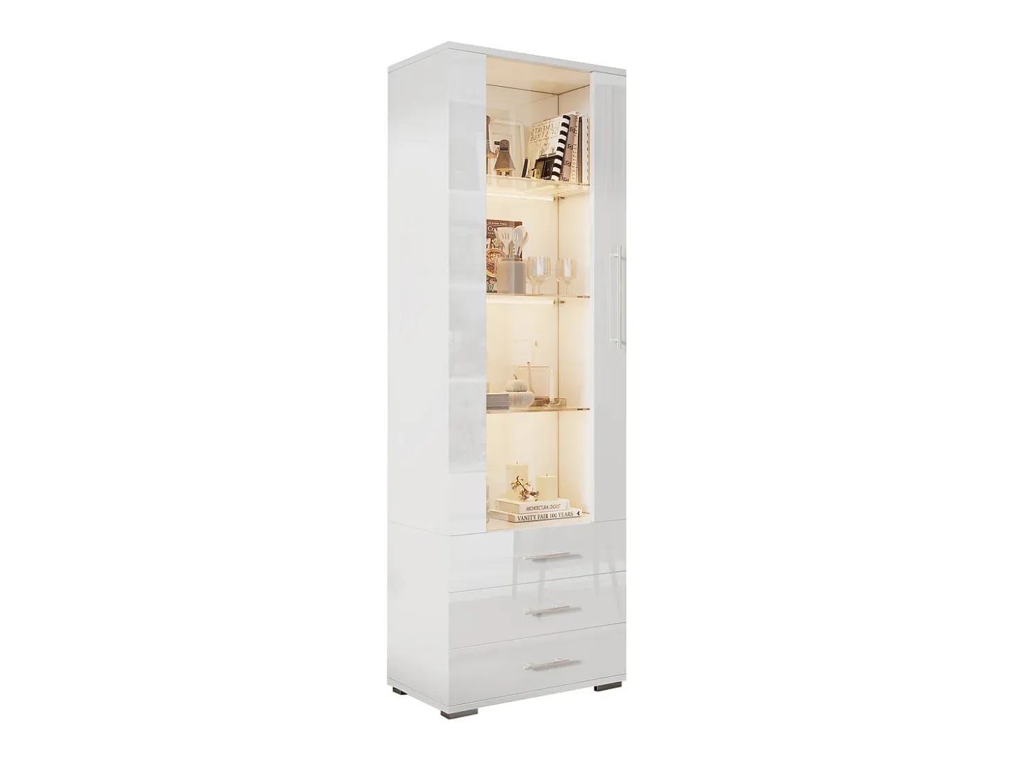 Vitrina moderna con LED, puertas de cristal, 3 estantes, alto brillo, blanco (60x35x180 cm)