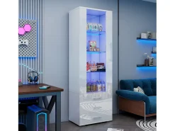 Vitrina moderna con LED, puertas de cristal, 3 estantes, alto brillo, blanco (60x35x180 cm)