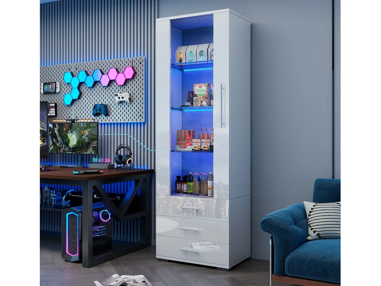 Vitrina moderna con LED, puertas de cristal, 3 estantes, alto brillo, blanco (60x35x180 cm)