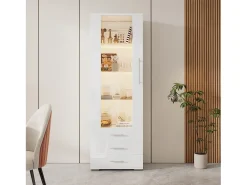 Vitrina moderna con LED, puertas de cristal, 3 estantes, alto brillo, blanco (60x35x180 cm)