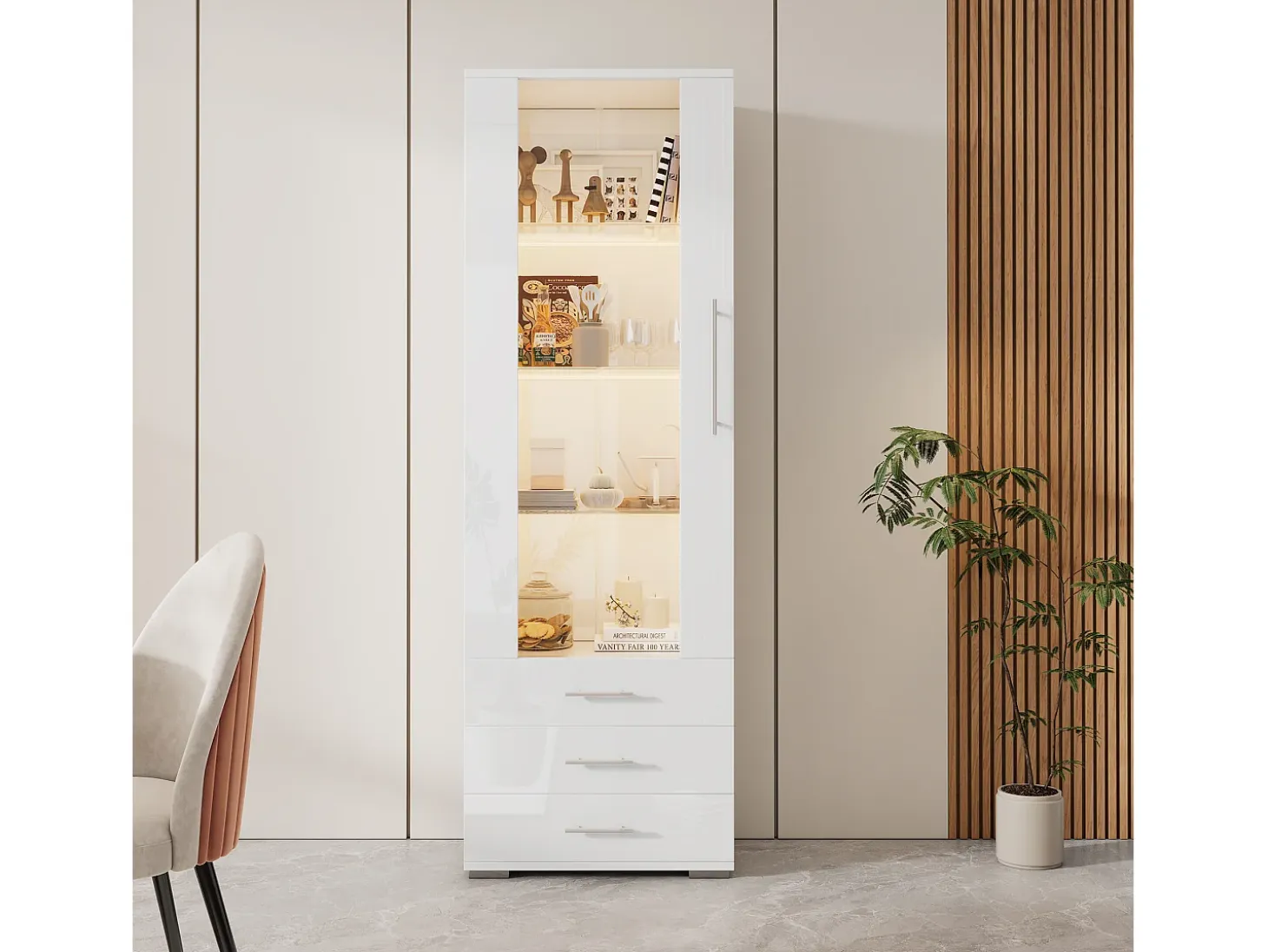 Vitrina moderna con LED, puertas de cristal, 3 estantes, alto brillo, blanco (60x35x180 cm)