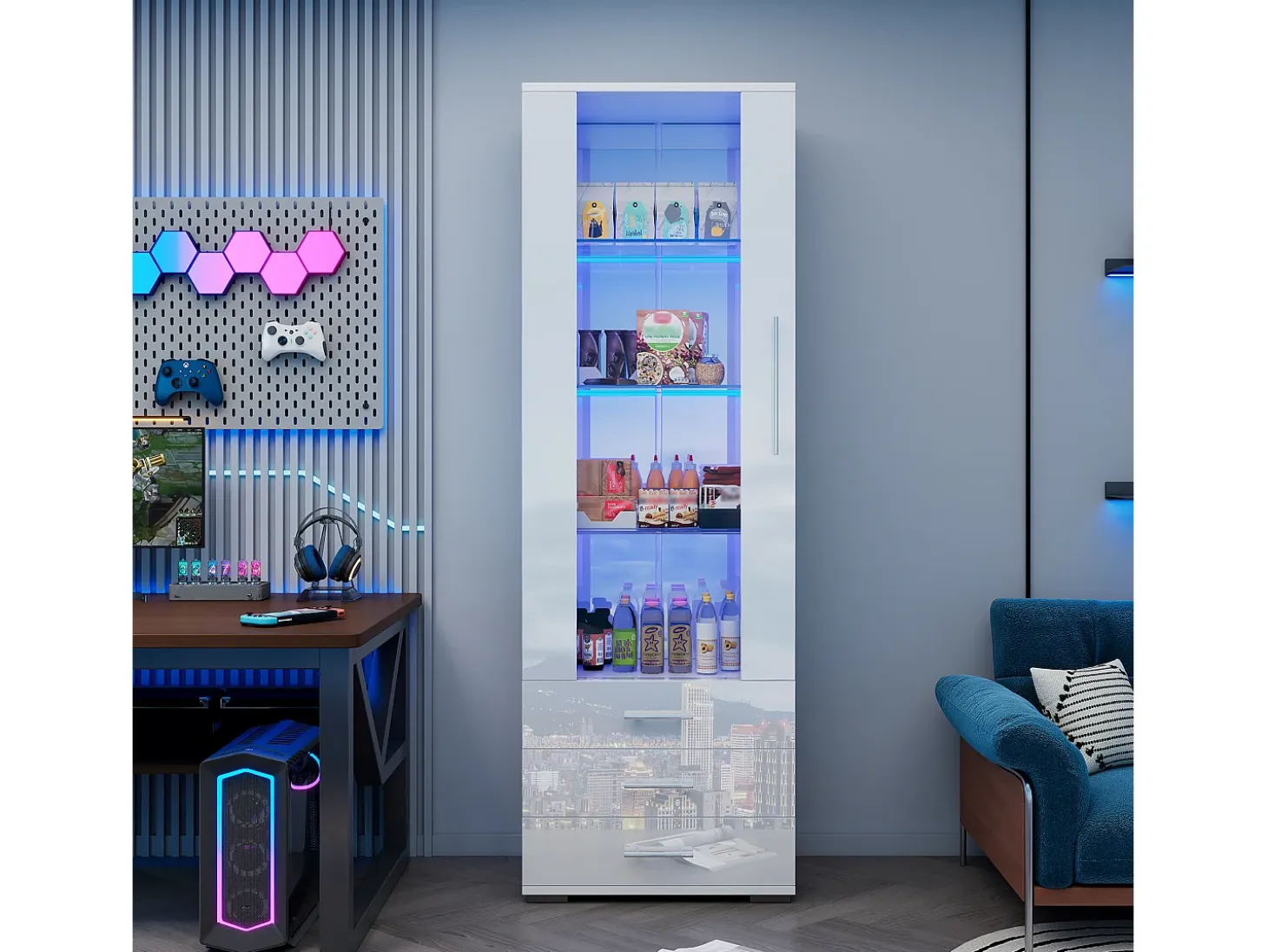 Vitrina moderna con LED, puertas de cristal, 3 estantes, alto brillo, blanco (60x35x180 cm)