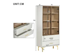 Vitrina moderna con luces LED y estantes extraíbles - Al. 150 cm - 2 puertas de cristal y 2 cajones - Blanco