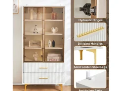 Vitrina moderna con luces LED y estantes extraíbles - Al. 150 cm - 2 puertas de cristal y 2 cajones - Blanco