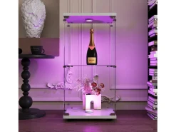 Vitrina moderna de cristal con 2 estantes de cristal, 1 puerta, iluminación LED y cerradura, 86 x 40,4 x 36,5 cm, color blanco