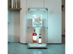 Vitrina moderna de cristal con 2 estantes de cristal, 1 puerta, iluminación LED y cerradura, 86 x 40,4 x 36,5 cm, color blanco