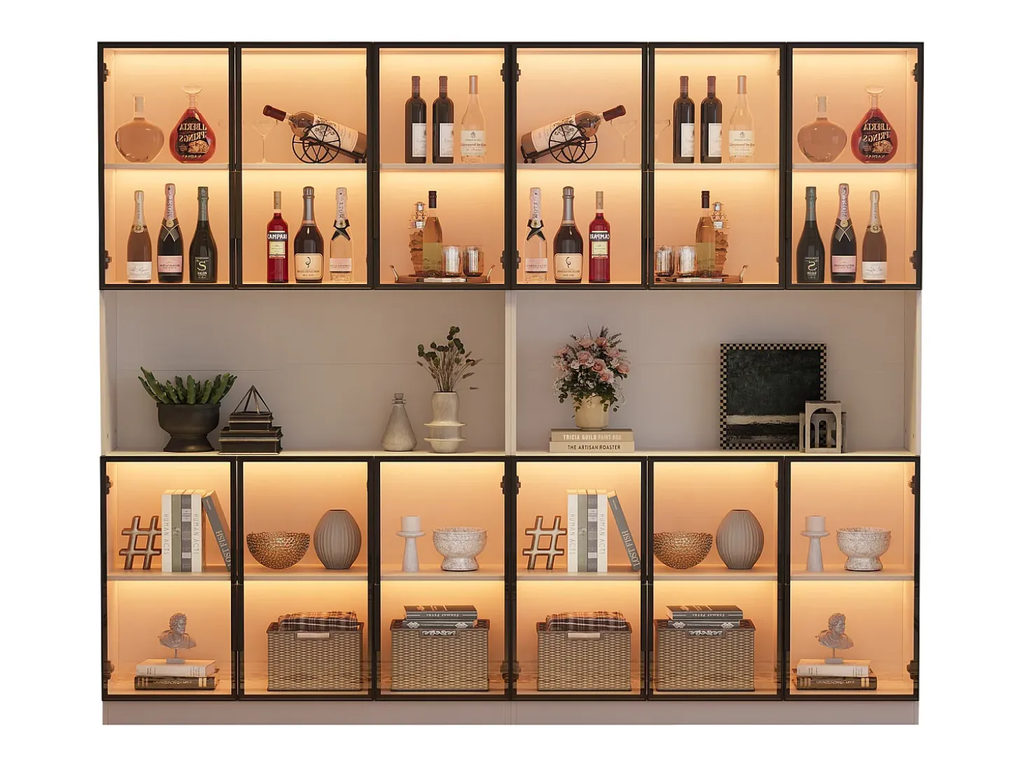Vitrina moderna 240x34x200 cm - Iluminación LED - 12 puertas de vidrio - Espacio de almacenamiento abierto - MDF - Blanco