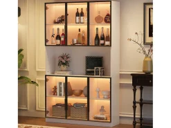 Vitrina moderna 120x34x200 cm - Iluminación LED - 6 puertas de vidrio - Espacio de almacenamiento abierto - MDF - Blanco