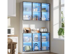 Vitrina moderna 120x34x200 cm - Iluminación LED - 6 puertas de vidrio - Espacio de almacenamiento abierto - MDF - Blanco