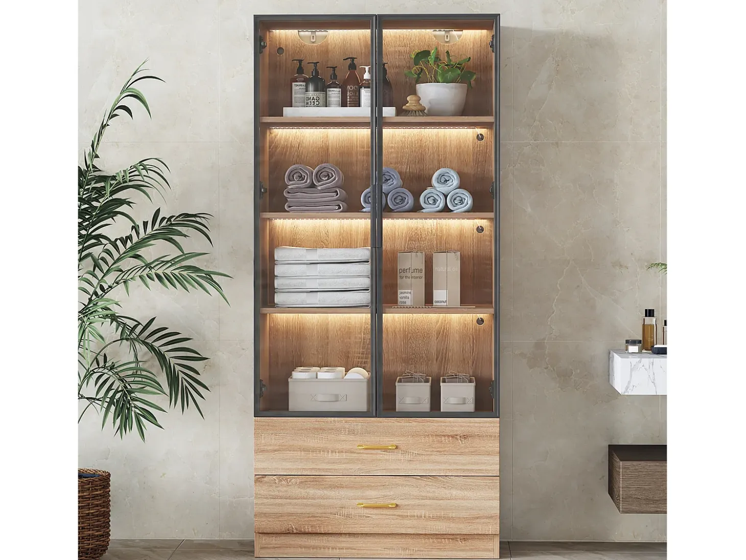 Vitrina, mueble de baño con LED - 2 cajones y 2 puertas acristaladas - Natural