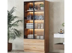 Vitrina, mueble de baño con LED - 2 cajones y 2 puertas acristaladas - Natural