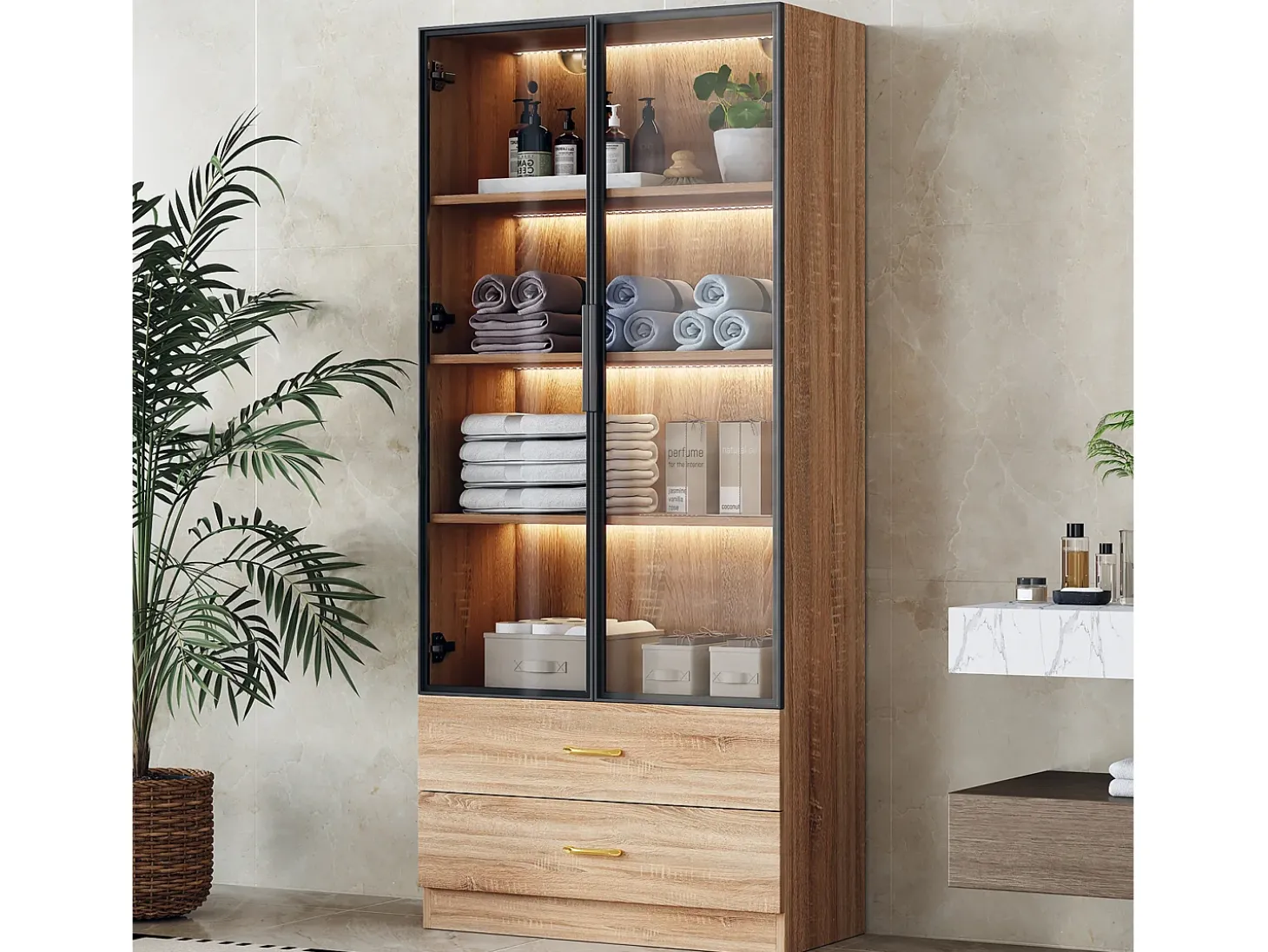 Vitrina, mueble de baño con LED - 2 cajones y 2 puertas acristaladas - Natural