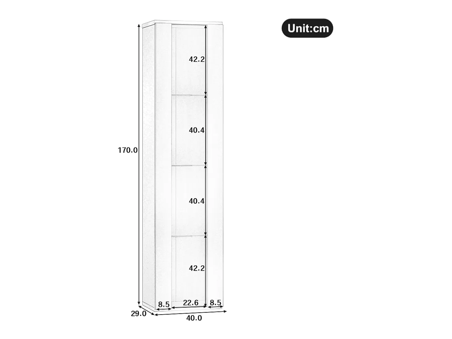 Vitrina multifunción - 40 x 29 x 170 cm - con puerta de cristal + LEDs - PB + Cristal - negra