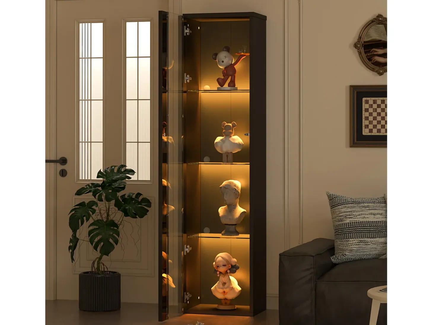 Vitrina multifunción - 40 x 29 x 170 cm - con puerta de cristal + LEDs - PB + Cristal - negra