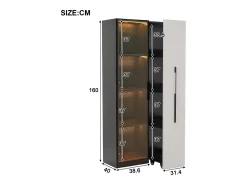 Vitrina móvil 70x40x160 cm - Estantería - Iluminación LED - 1 puerta de vidrio y 1 cajón - con ruedas - MDF - Negro y blanco