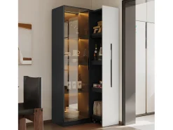 Vitrina móvil 70x40x160 cm - Estantería - Iluminación LED - 1 puerta de vidrio y 1 cajón - con ruedas - MDF - Negro y blanco