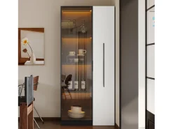 Vitrina móvil 70x40x160 cm - Estantería - Iluminación LED - 1 puerta de vidrio y 1 cajón - con ruedas - MDF - Negro y blanco