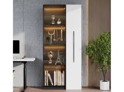 Vitrina móvil 70x40x160 cm - Estantería - Iluminación LED - 1 puerta de vidrio y 1 cajón - con ruedas - MDF - Negro y blanco