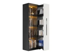 Vitrina móvil 70x40x160 cm - Estantería - Iluminación LED - 1 puerta de vidrio y 1 cajón - con ruedas - MDF - Negro y blanco