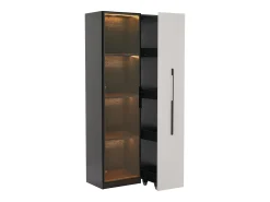 Vitrina móvil 70x40x160 cm - Estantería - Iluminación LED - 1 puerta de vidrio y 1 cajón - con ruedas - MDF - Negro y blanco