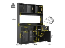 Vitrina negra - Mueble de comedor con 5 puertas y 1 cajón - estantes regulables y luces LED