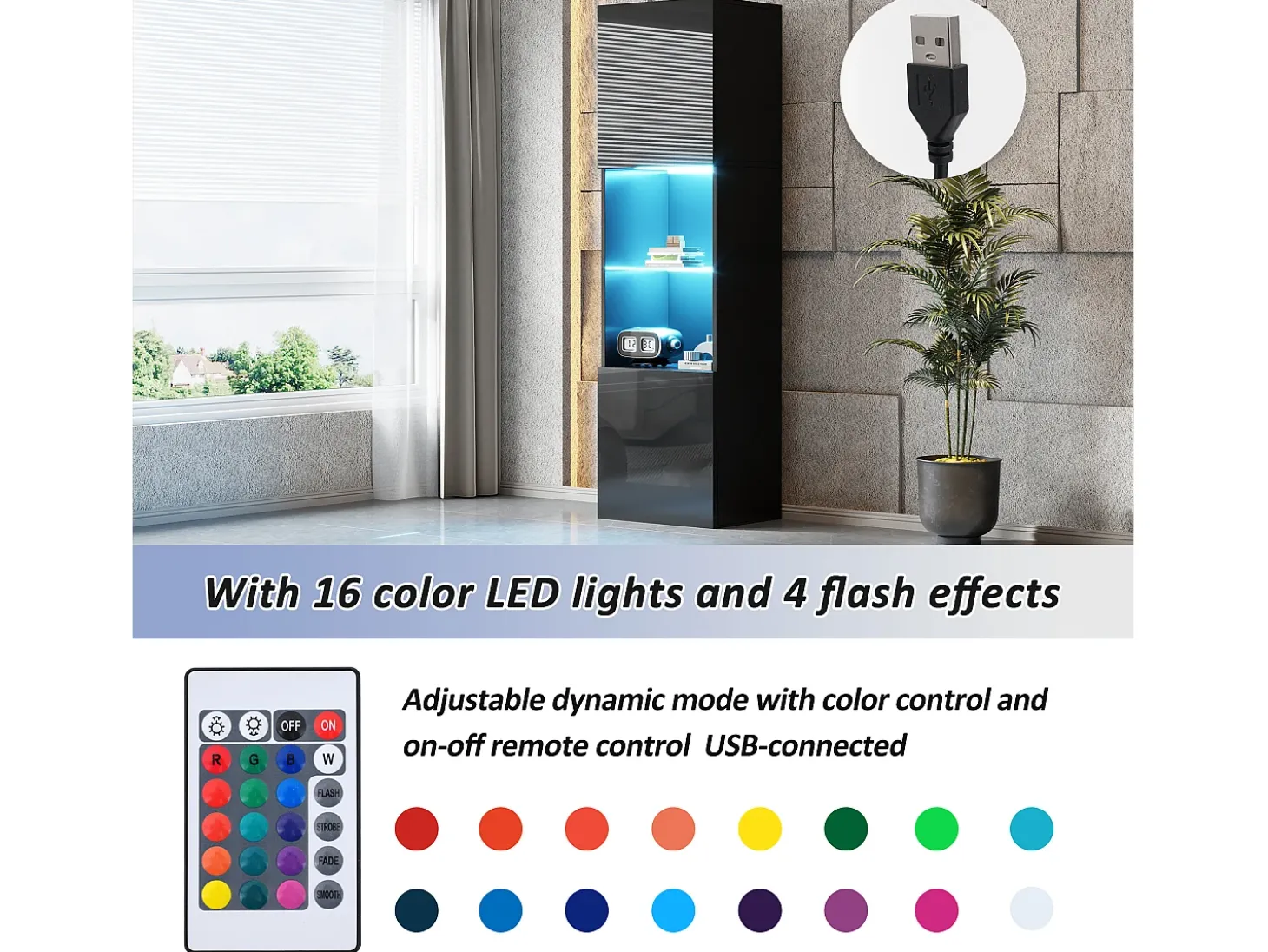 Vitrina negra brillante con iluminación LED - Armario alto para salón - Mueble de almacenaje - 45x35x160 cm