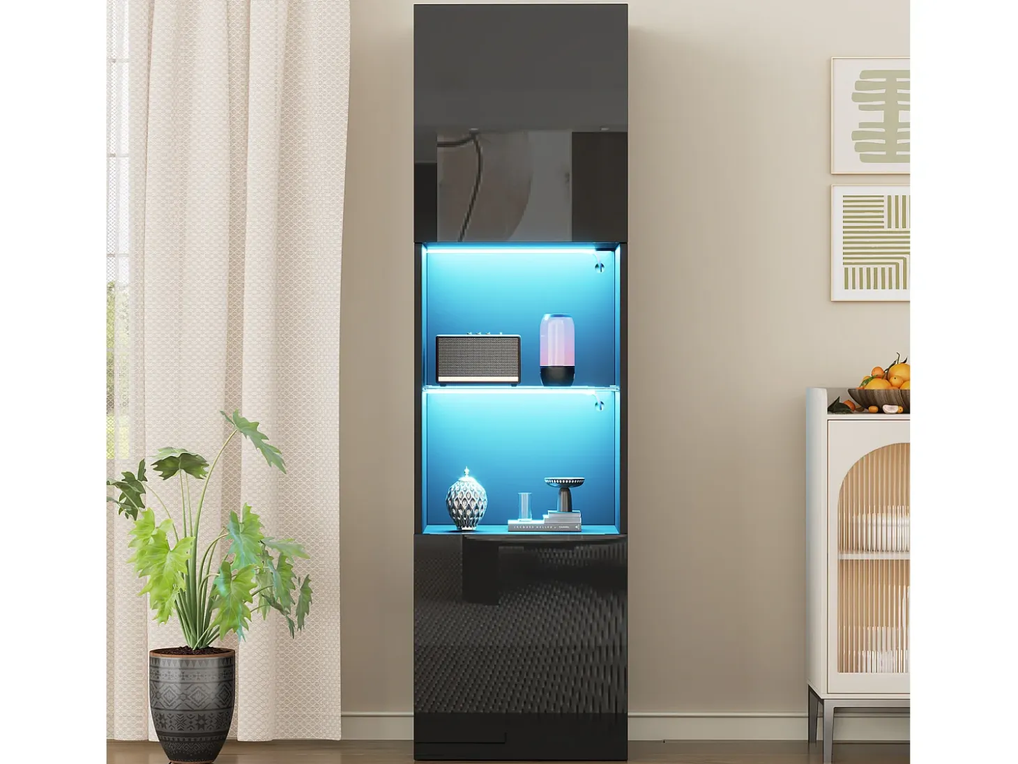 Vitrina negra brillante con iluminación LED - Armario alto para salón - Mueble de almacenaje - 45x35x160 cm