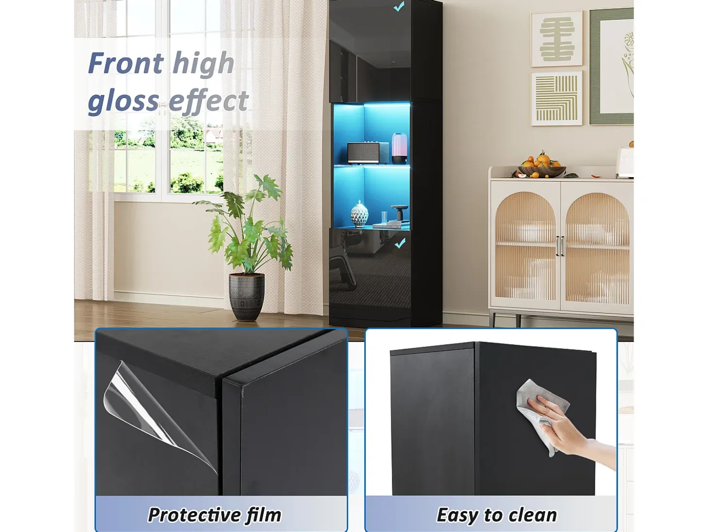 Vitrina negra brillante con iluminación LED - Armario alto para salón - Mueble de almacenaje - 45x35x160 cm