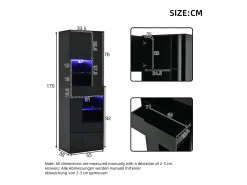 Vitrina negra con 1 cajón, 4 puertas e iluminación LED, estantes de cristal, 55x38x170 cm