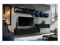 Vitrina negra cuadrada suspendida con 1 puerta de vidrio y luz LED incluida. Colección SWITCH.