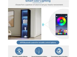 Vitrina negra de alto brillo con LED, 3 estantes de cristal, MDF, negro (55x38x166 cm)