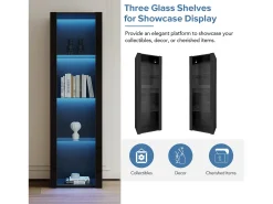 Vitrina negra de alto brillo con LED, 3 estantes de cristal, MDF, negro (55x38x166 cm)