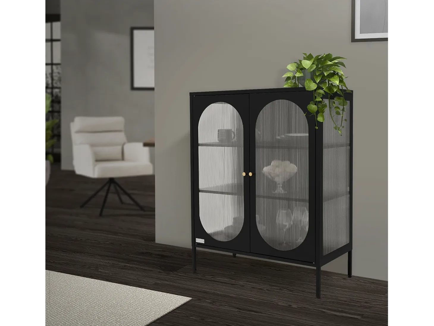 Vitrina negra 80x102,5x40 cm, 3 estantes y 2 puertas, mueble metálico archivador