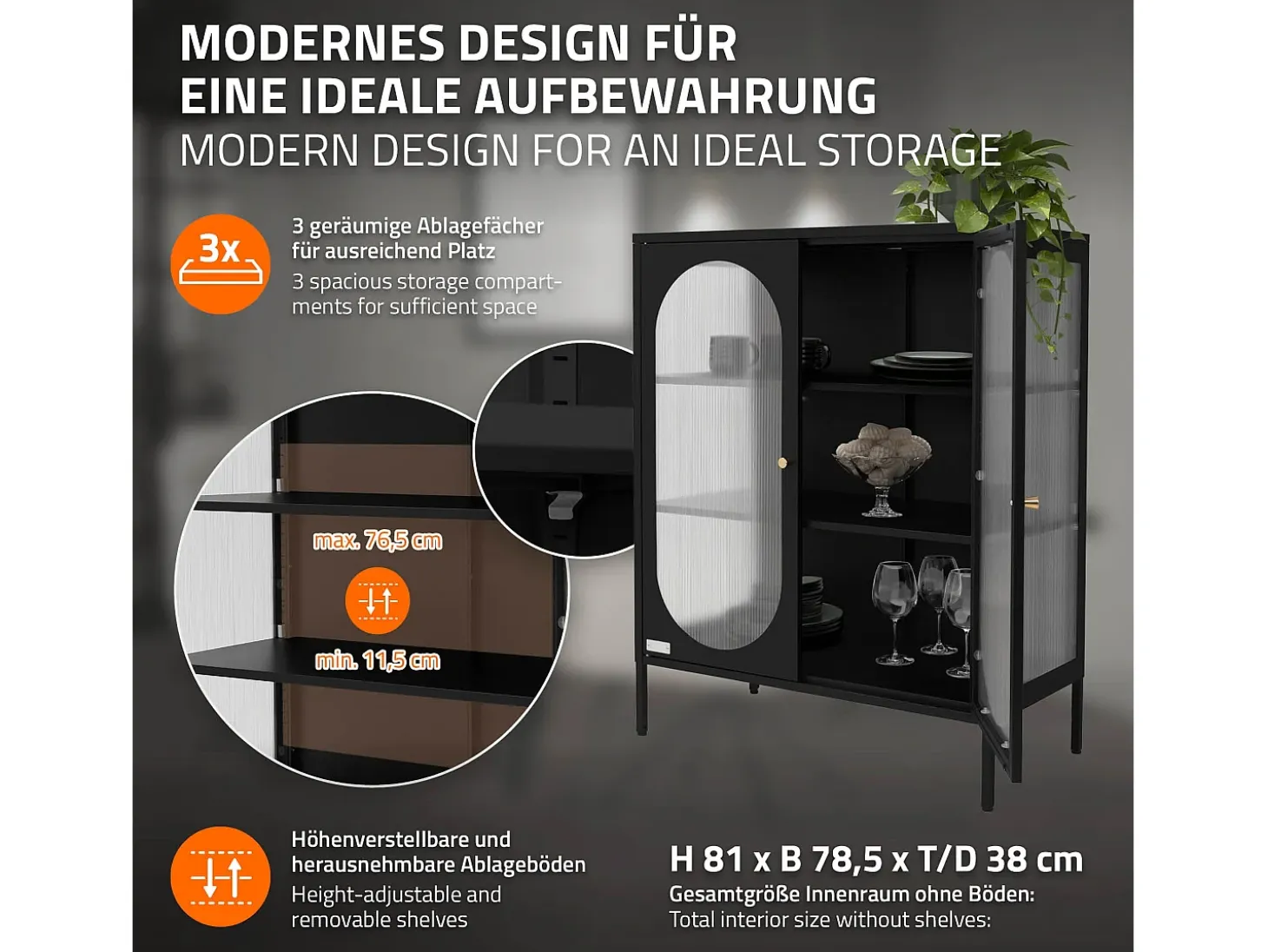 Vitrina negra 80x102,5x40 cm, 3 estantes y 2 puertas, mueble metálico archivador
