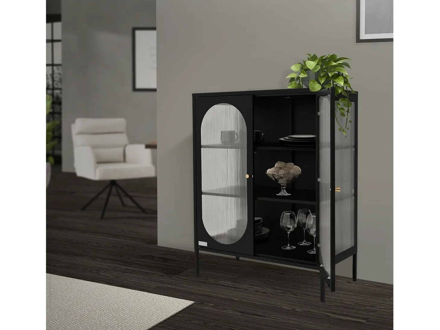 Vitrina negra 80x102,5x40 cm, 3 estantes y 2 puertas, mueble metálico archivador