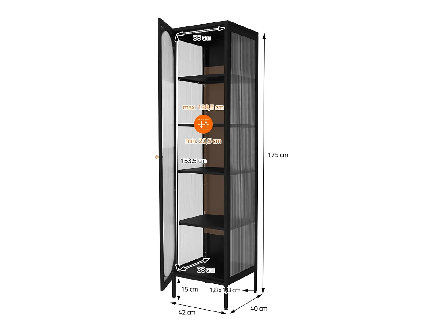 Vitrina negra 42x175x40 cm con 5 estantes y 1 puerta, mueble metálico archivador