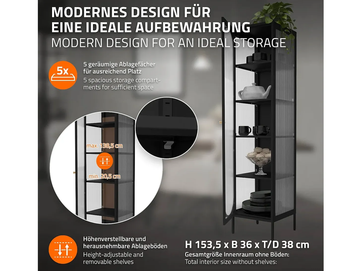 Vitrina negra 42x175x40 cm con 5 estantes y 1 puerta, mueble metálico archivador