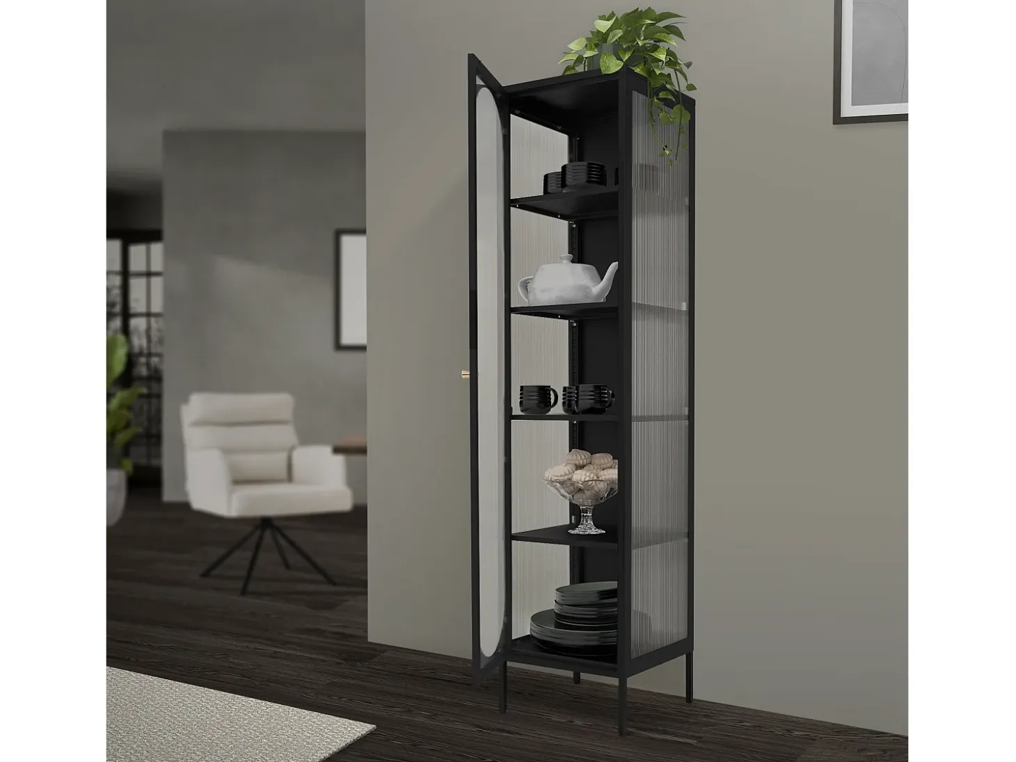 Vitrina negra 42x175x40 cm con 5 estantes y 1 puerta, mueble metálico archivador