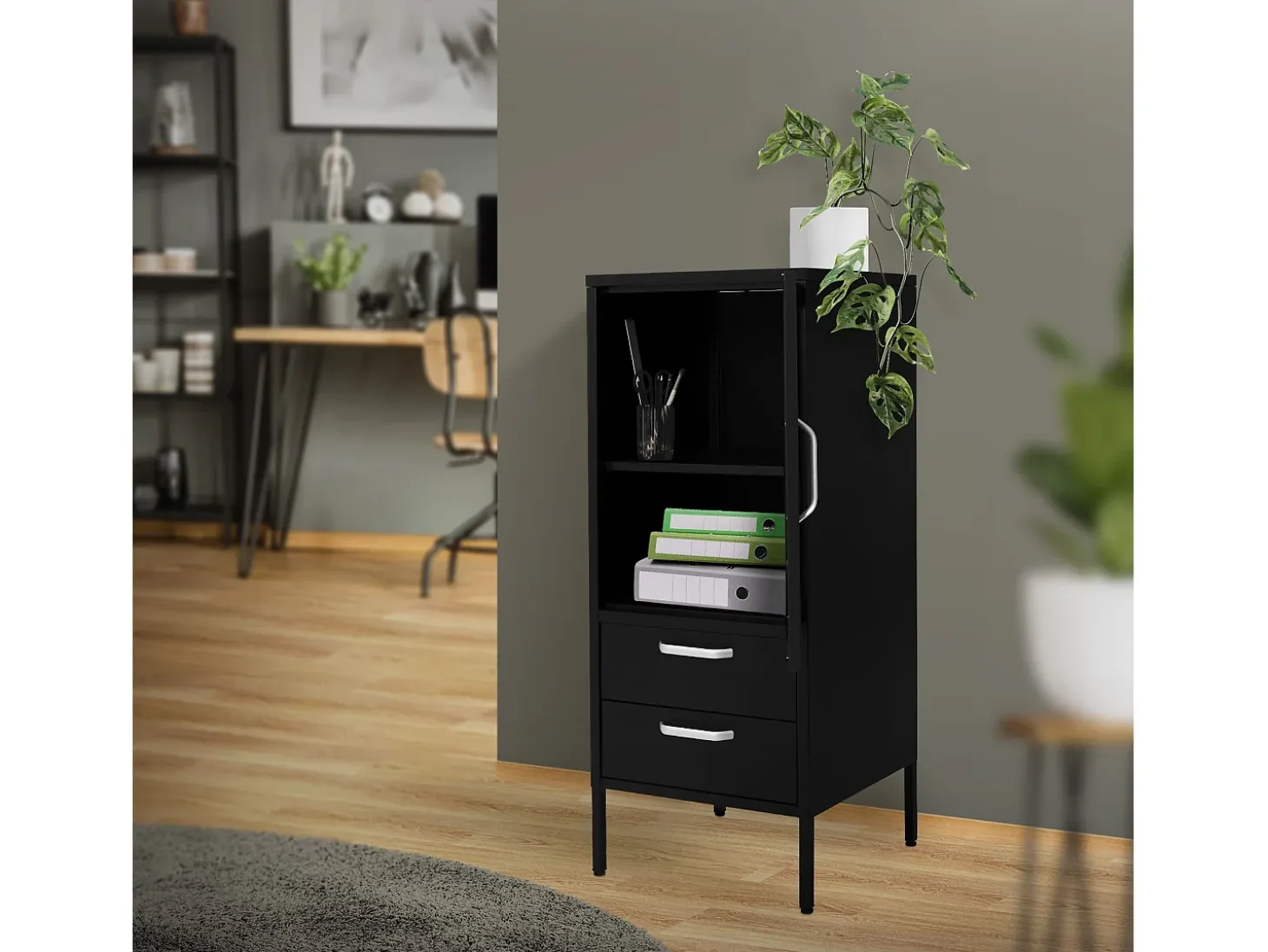 Vitrina negra 42x102x40 cm con puerta y 2 cajones, mueble metálico archivador