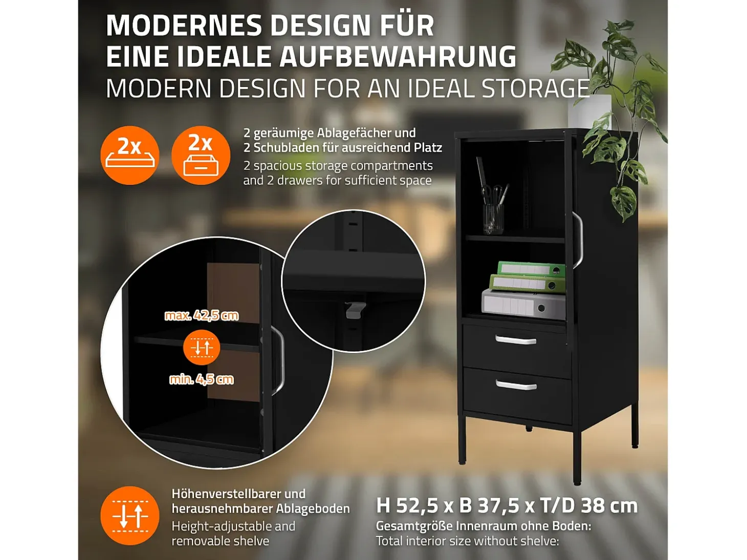 Vitrina negra 42x102x40 cm con puerta y 2 cajones, mueble metálico archivador