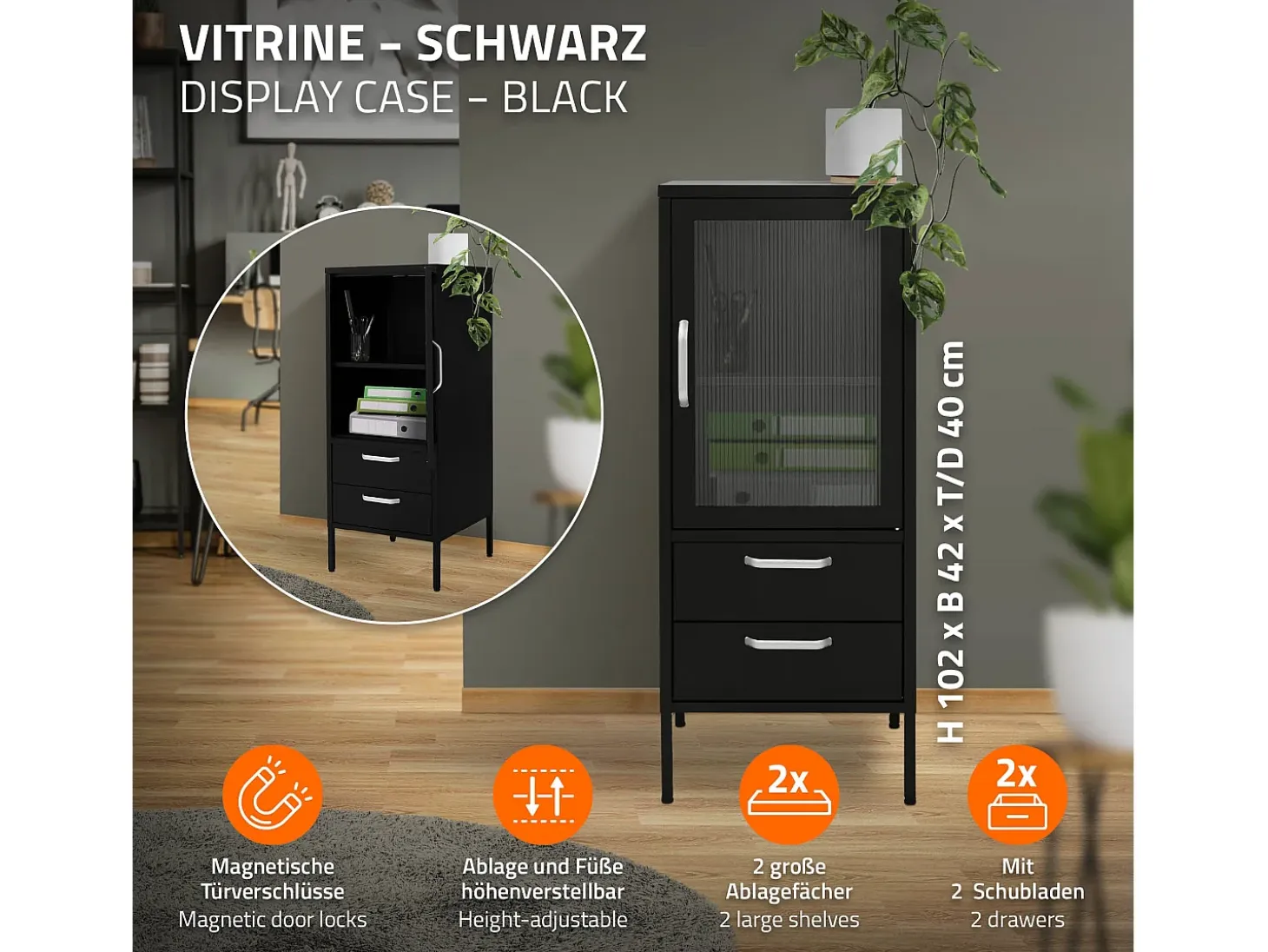Vitrina negra 42x102x40 cm con puerta y 2 cajones, mueble metálico archivador