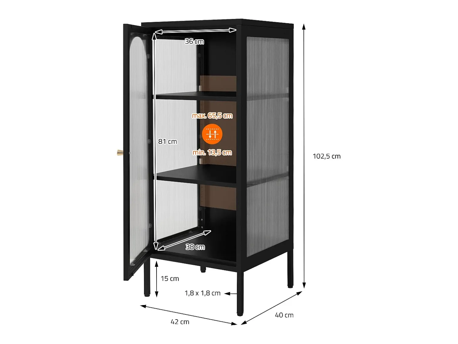 Vitrina negra 42x102x40 cm con puerta y 3 cajones, mueble metálico archivador