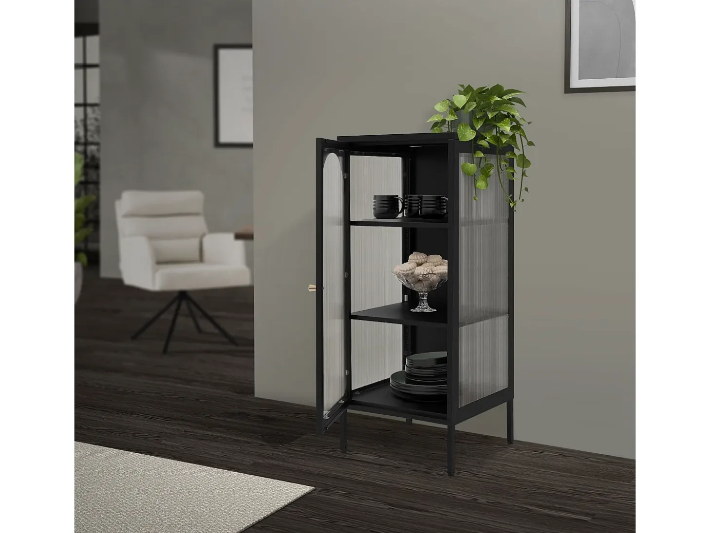 Vitrina negra 42x102x40 cm con puerta y 3 cajones, mueble metálico archivador