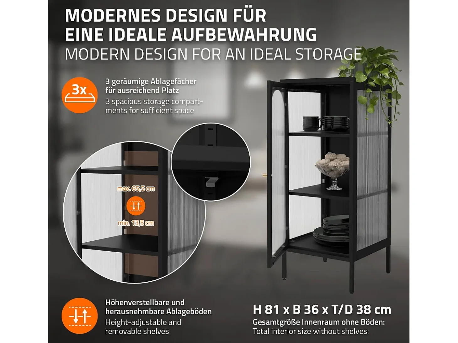 Vitrina negra 42x102x40 cm con puerta y 3 cajones, mueble metálico archivador