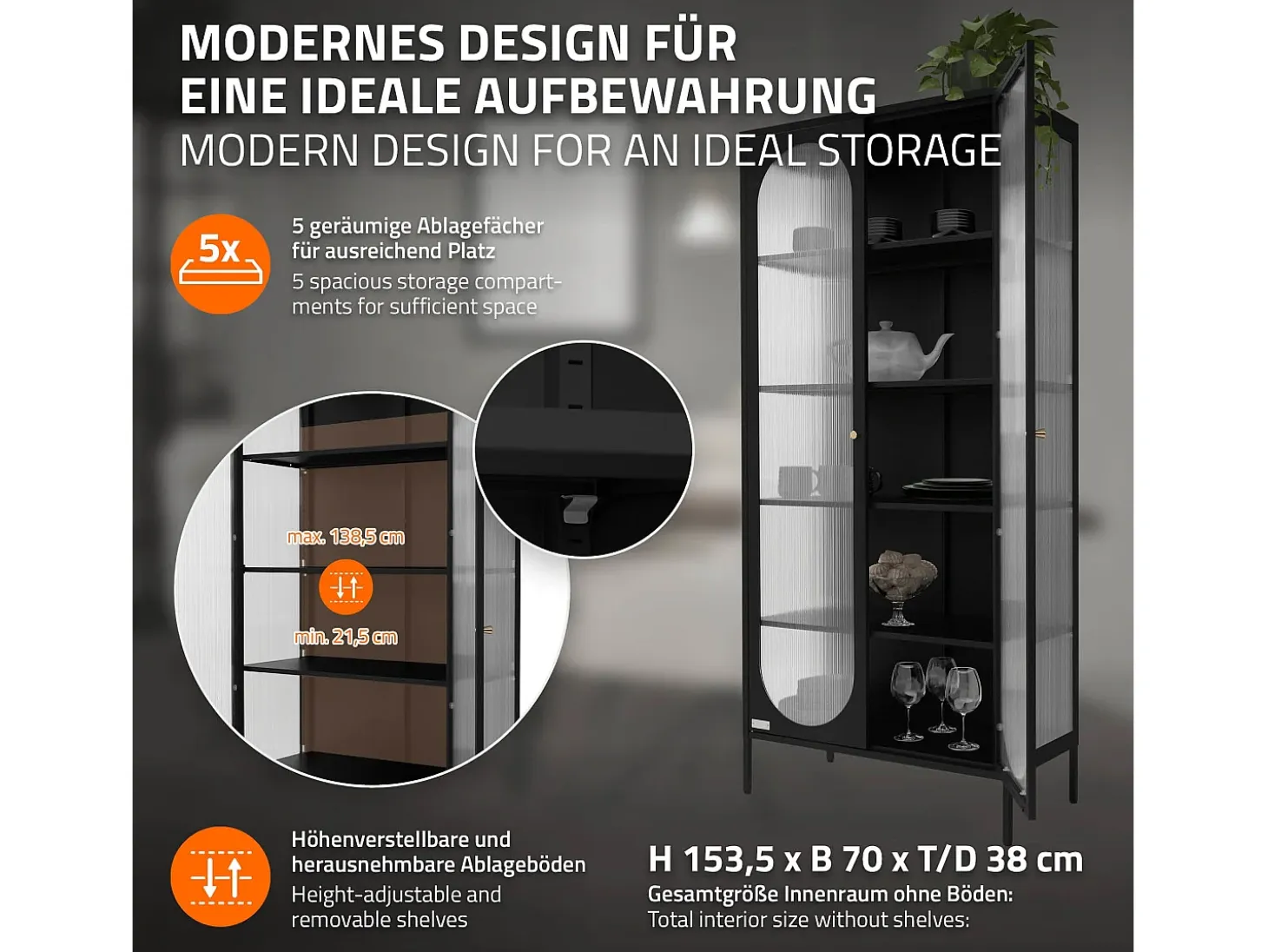 Vitrina negra 85x175x40cm con 2 puertas y 5 estantes, mueble metálico archivador