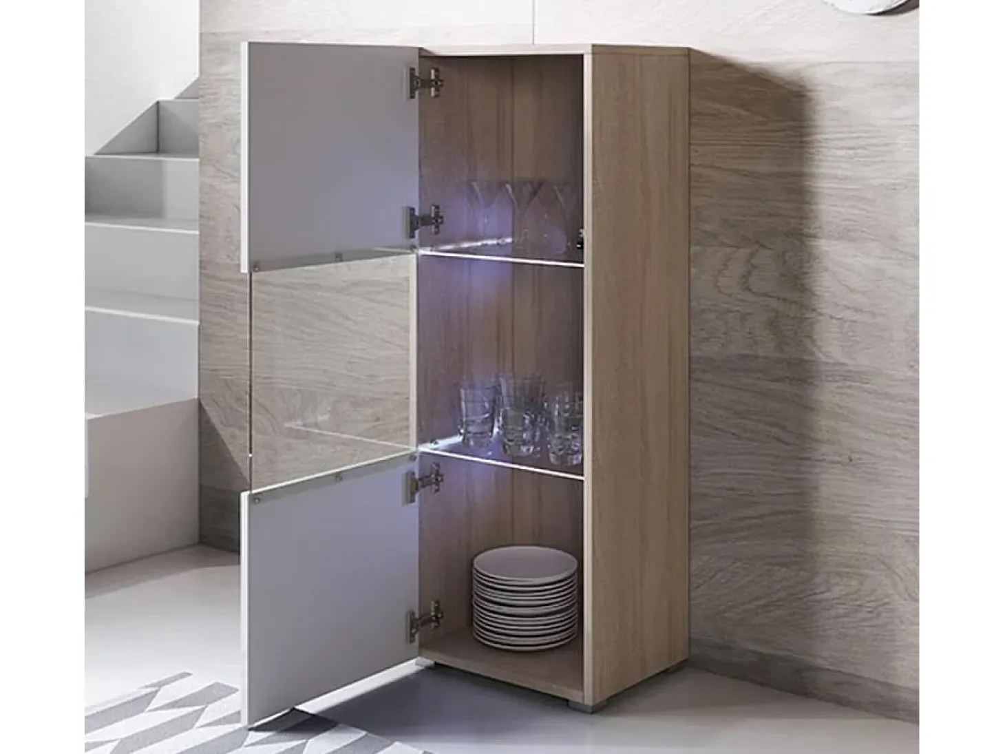 Vitrina para Salón comedor en Sonoma y Blanco con LED 40x29x128cm Luke V3